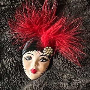 Vintage Art Deco Flapper large Lady Pin. red feather and rhinestone style accent